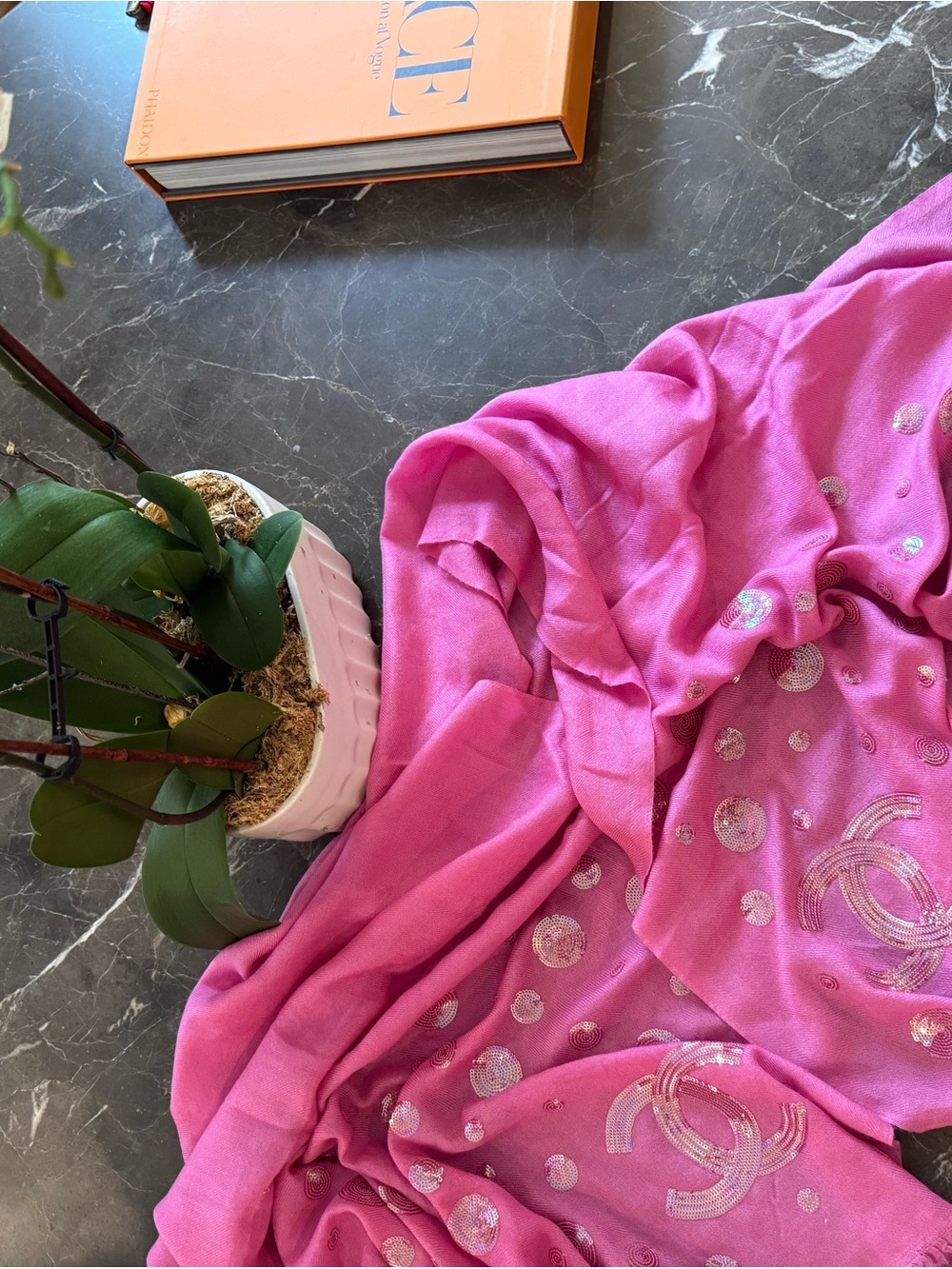 Chanel Pink Logo Scarf with Sequin Accents